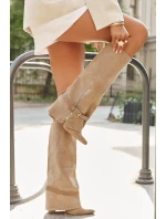 Dámské nazouvací kozačky na podpatku s ozdobným páskem Béžové model 21708858 - Boto