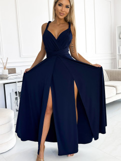 Tmavě modré elegantní dlouhé dámské šaty s různými způsoby vázání 509-1