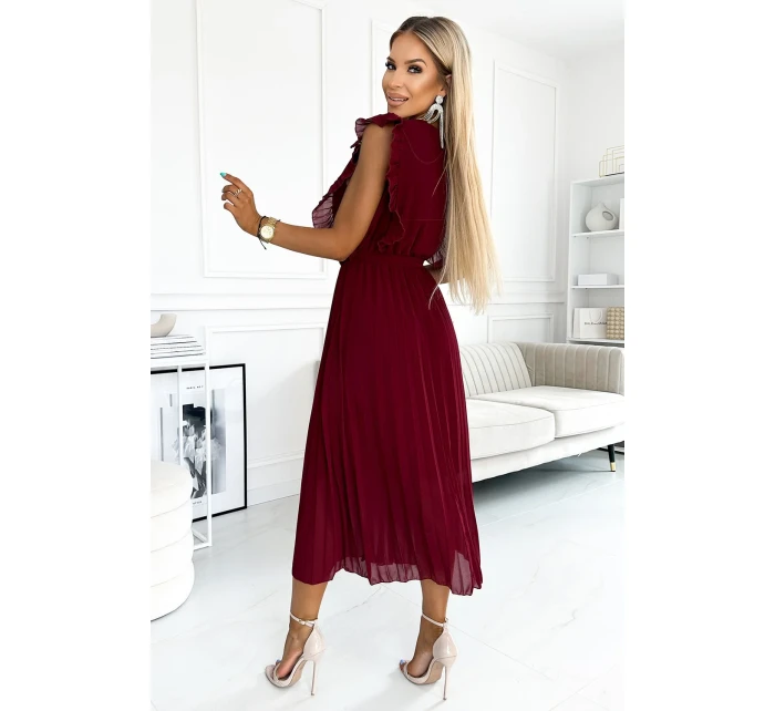 Plisované dámské šaty v vínové barvě s výstřihem a páskem model 21819820 - numoco basic