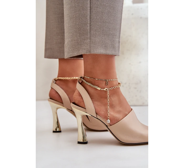 Kožené Sandály Na Jehlovém Podpatku S Ozdobným  Béžové model 21683561 - CheBello
