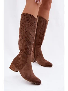 Dámské perforované kozačky na nízkém podpatku Vinceza 58637 světle hnědé