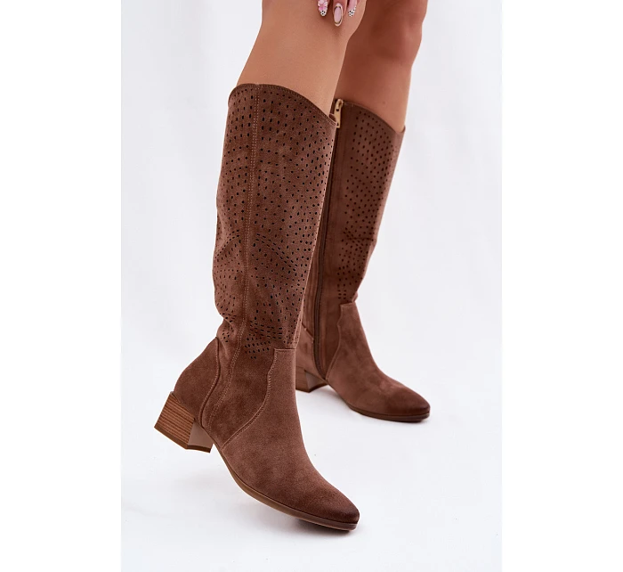 Dámské perforované kozačky na nízkém podpatku Vinceza 58637 světle hnědé