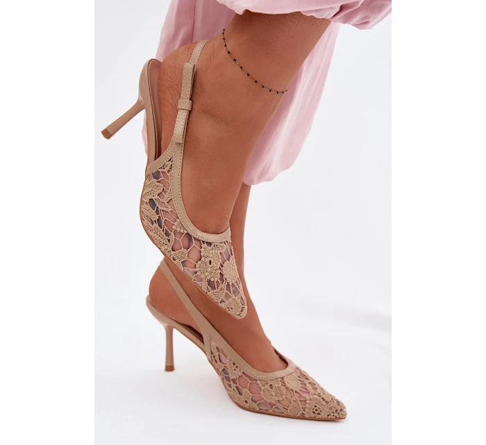 Dámské sandály na podpatku s krajkou tmavě béžové Pelivelle Dámské sandály na podpatku s krajkou tmavě béžové Pelivelle