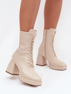Dámské Zimní Kozačky Na Podpatku S Šněrováním Světle Béžové model 21711031 - Boto