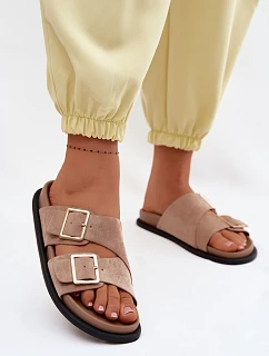 Dámské pantofle z imitace semiše s zlatými přezkami tmavě béžové model 22125537 - Boto