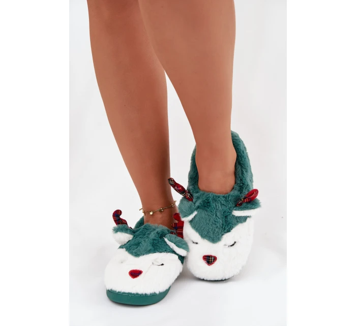 Vánoční dámské pantofle s motivem soba kožené zelené Orsella