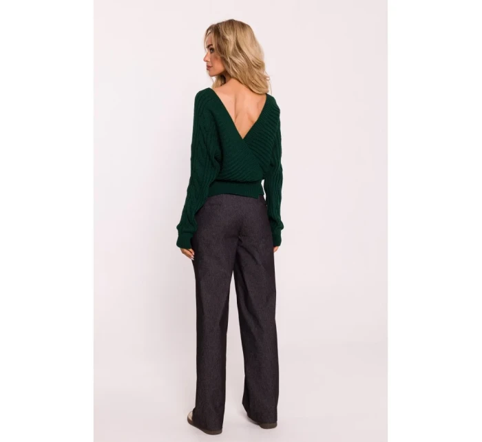 M809 Oříznutý svetr s výstřihem do V - zelený