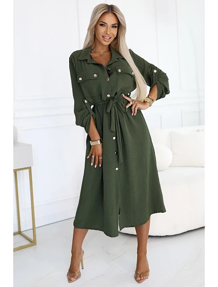 model 21146238 Midi košilka se zlatými knoflíky a vázáním KHAKI - numoco basic