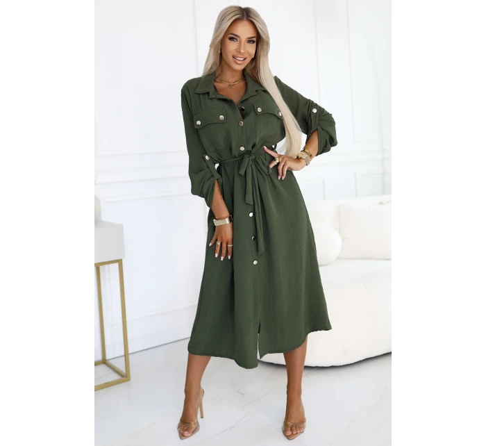 model 21146238 Midi košilka se zlatými knoflíky a vázáním KHAKI - numoco basic