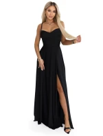 646-4 Dlouhé společenské šaty bez ramínek s rozparkem na nohou - černé