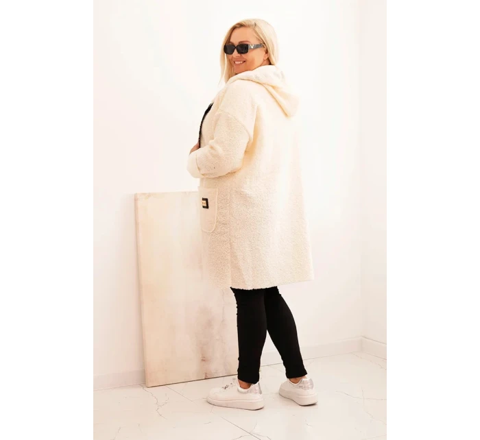 Dámský kabát Plus Size z  s kapucí a kapsami ecru model 21297034 - K-Fashion