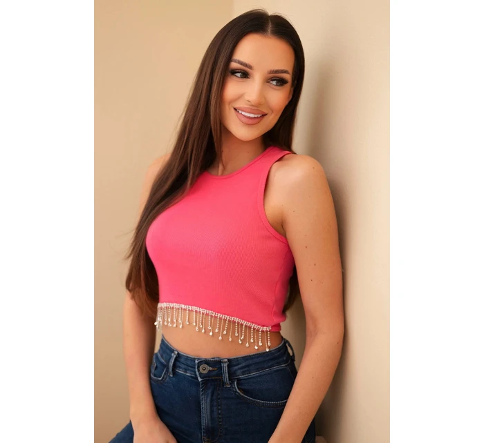 Dámský krátký žebrovaný top z bavlny s ozdobnými třásněmi růžová