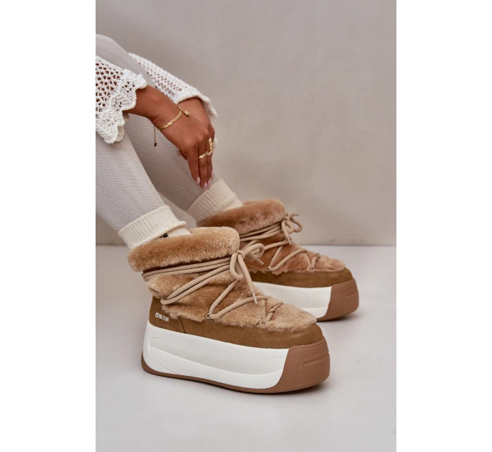 Kožené Dámské Sněhule Na Silné Podešvi S Kožešinou Big Star model 21669685 Hnědé - Big Star Shoes Kožené Dámské Sněhule Na Silné Podešvi S Kožešinou Big Star model 21669685 Hnědé - Big Star Shoes