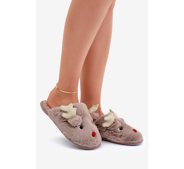 Vánoční Pantofle S Motivem Sobíka Kožešinové Tmavě Béžové Asielle Vánoční Pantofle S Motivem Sobíka Kožešinové Tmavě Béžové Asielle