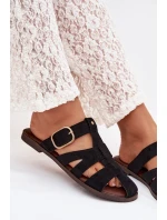 Dámské ploché nazouváky s pásky a zlatým přezkou Černé model 22032112 - Boto