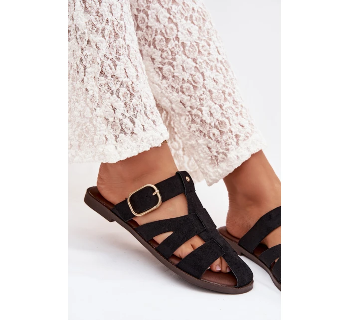 Dámské ploché nazouváky s pásky a zlatým přezkou Černé model 22032112 - Boto