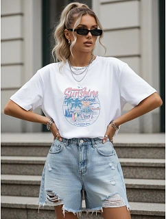 Dámské tričko oversize s letním potiskem, bílé, FashionStreet NX9005RY