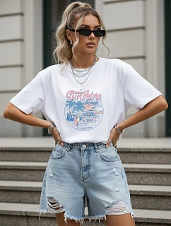 Dámské tričko oversize s letním potiskem, bílé, FashionStreet NX9005RY
