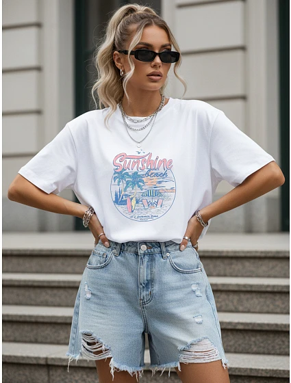 Dámské tričko oversize s letním potiskem, bílé, FashionStreet NX9005RY