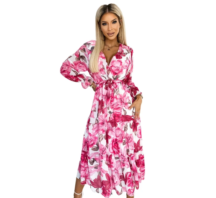 Dámské midi šaty s výstřihem, páskem a se vzorem růží na pozadí model 21819816 - numoco basic Dámské midi šaty s výstřihem, páskem a se vzorem růží na pozadí model 21819816 - numoco basic