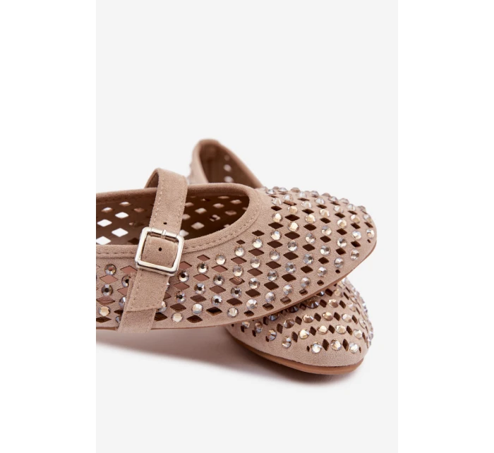 Dámské baleríny s krajkovým vzorem s kamínky a s páskem Bežowe Wilvessa