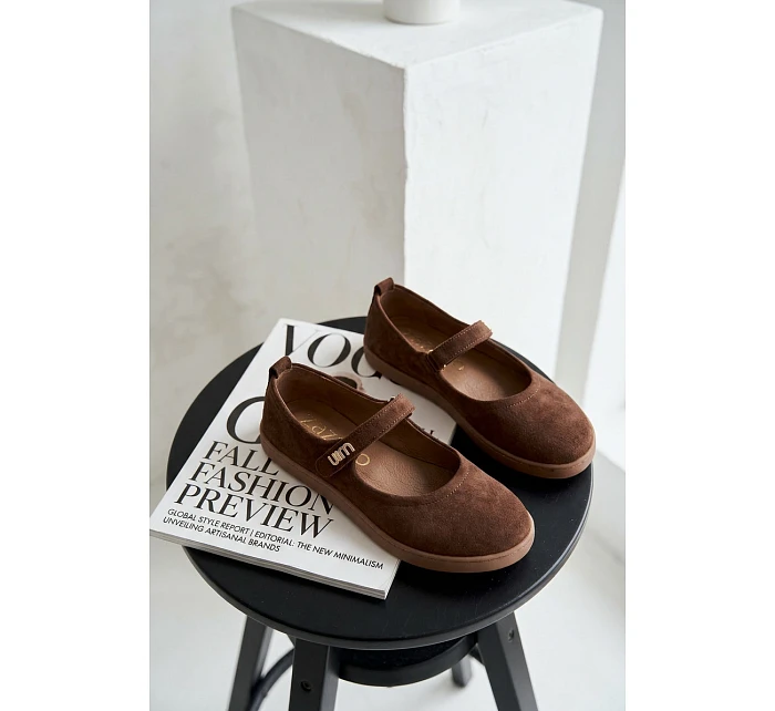 Kožené semišové baleríny Barefoot s páskem Zazoo 10206 Čokoládové