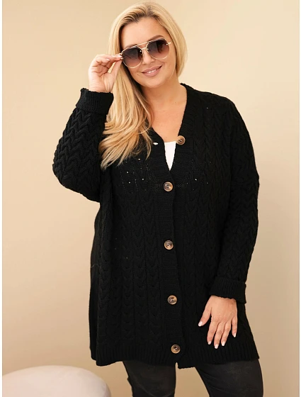 Dámský kardigan Plus Size s knoflíky a copovým vzorem černý