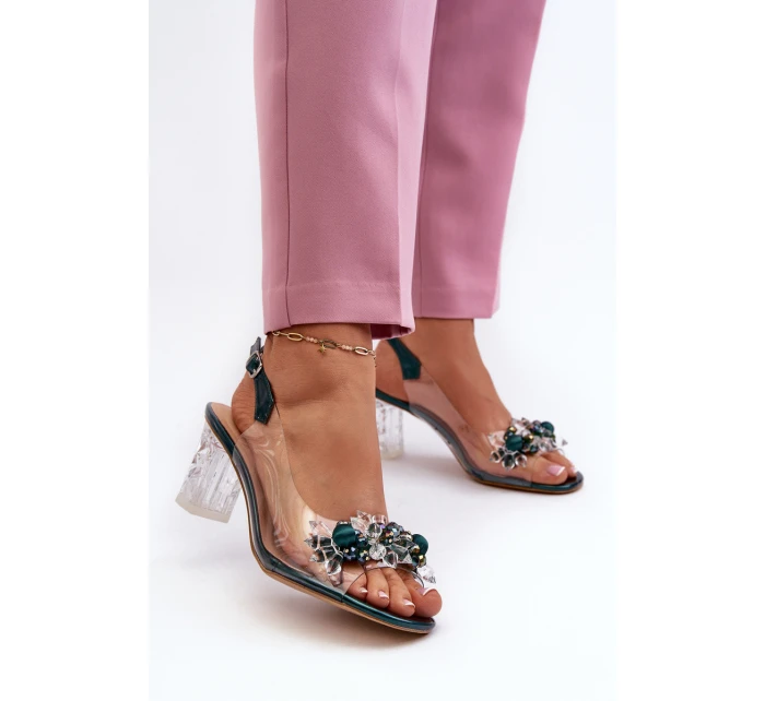 Průhledné sandály na podpatku s ozdobami zelené D&A MR38-D1