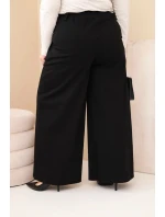 Dámské kalhoty Plus Size se širokým nohavicí a ozdobným květem v pase černé