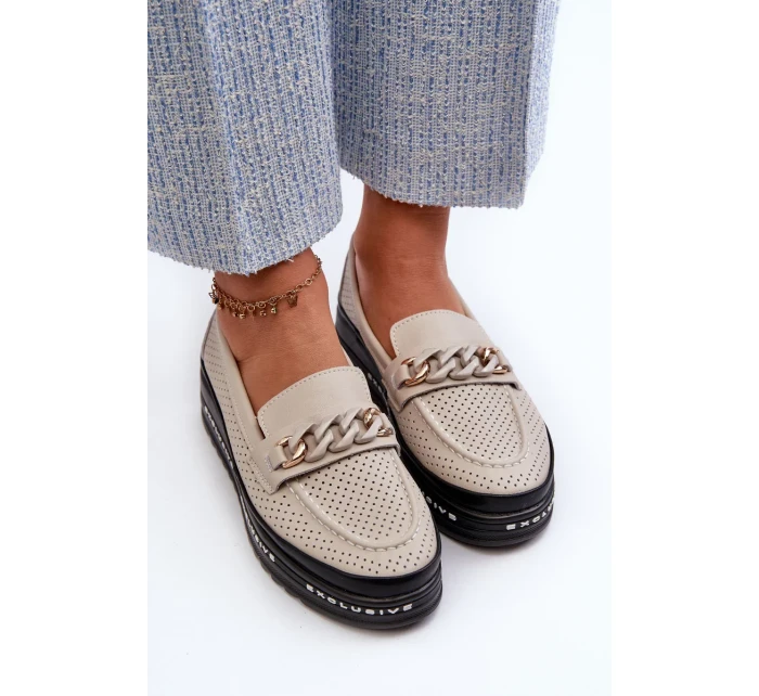 Dámské Kožené mokasíny Na Platformě S řetízkem S.Barski béžová Dámské Kožené mokasíny Na Platformě S řetízkem S.Barski béžová