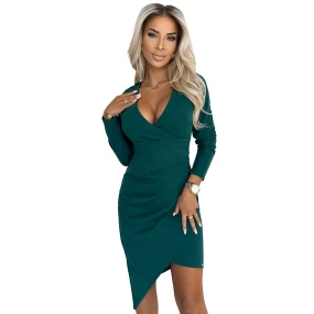 Zelené dámské asymetrické šaty s dlouhými rukávy, výstřihem a model 20557909 - numoco Zelené dámské asymetrické šaty s dlouhými rukávy, výstřihem a model 20557909 - numoco