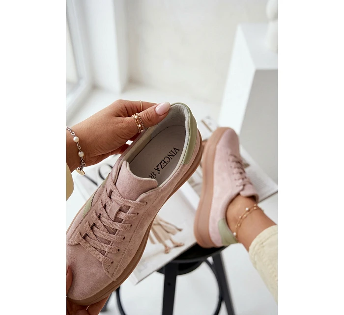 Dámské tenisky z přírodního semiše na platformě model 22069636 růžové - VINCEZA