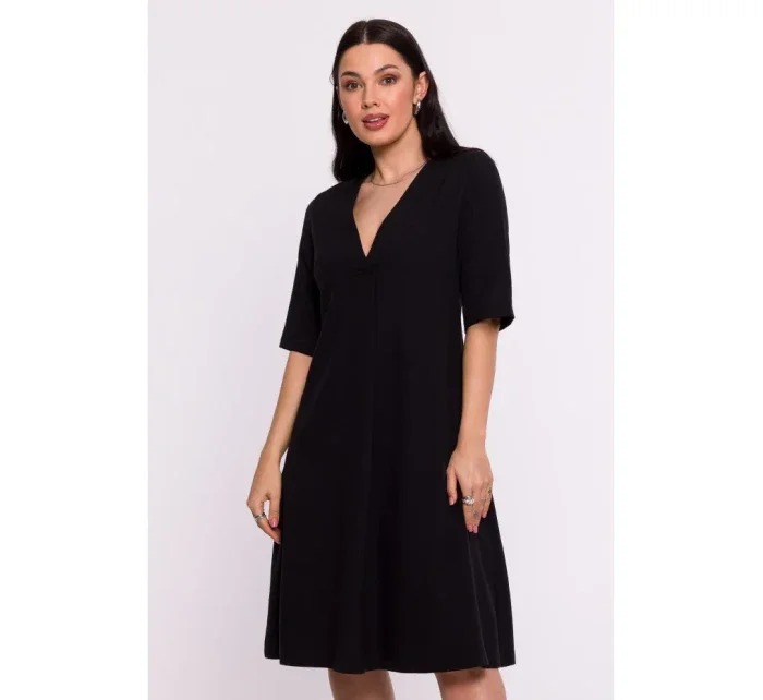 B280 Trapézové šaty s výstřihem do V - černé B280 Trapézové šaty s výstřihem do V - černé