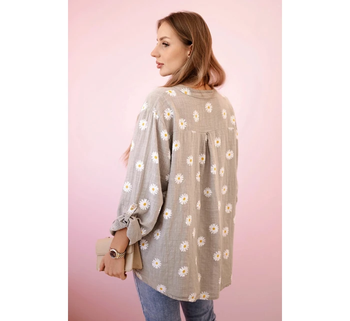 Lněná dámská halenka s květinovým vzorem, dlouhými rukávy a knoflíky kapučíno