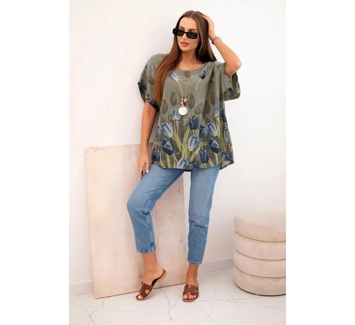 Dámská bavlněná košile s květinovým vzorem khaki