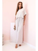 Dámský komplet z viskózy s ozdobným květem a širokými kalhotami tmavě béžová