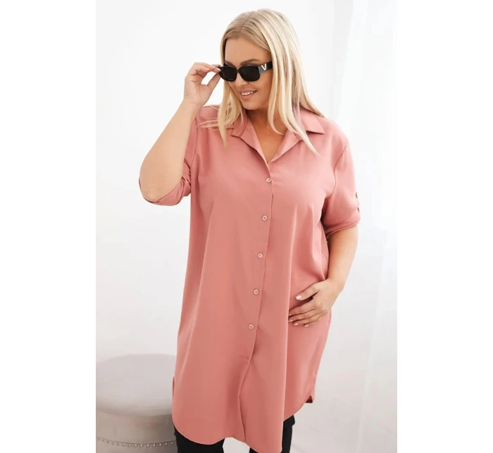 Dámská košilová šaty Plus Size s delším zadním dílem a model 21428151 rukávy tmavě pudrově růžová - K-Fashion