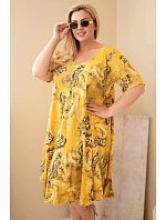 Dámské viskózové šaty Plus Size s krátkým rukávem a paisley střihem hořčicová