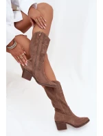 Ažurové Kozačky Na Podpatku Tmavě Béžové model 21708366 - Boto