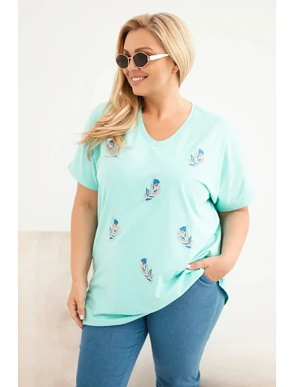 Dámská bavlněná halenka Plus Size s peříčky mátová Dámská bavlněná halenka Plus Size s peříčky mátová