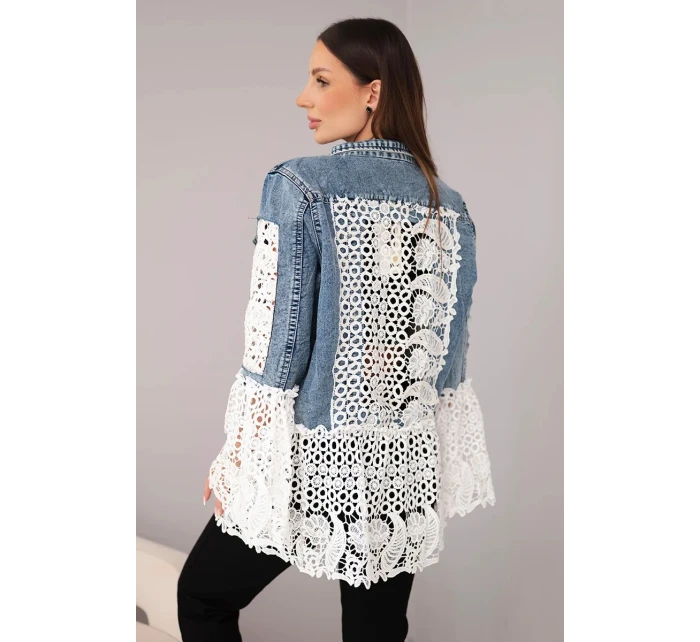 Dámská džínová bunda z bavlny a krajkovým vzorem tmavě džínová
