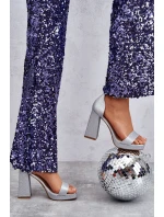 Lesklé Sandály Na Mohutném Podpatku Stříbrné Calmi Lesklé Sandály Na Mohutném Podpatku Stříbrné Calmi