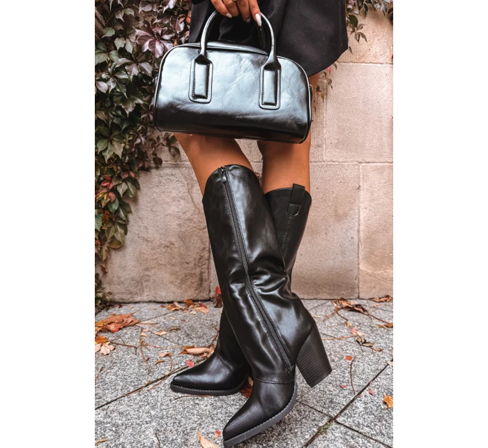 Dámské zateplené kovbojské kozačky na sloupkovém podpatku Mavine – černé Dámské zateplené kovbojské kozačky na sloupkovém podpatku Mavine – černé