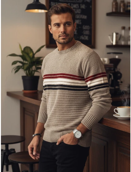 Pánský pruhovaný svetr světle hnědý FashionStreet WX2282 Pánský pruhovaný svetr světle hnědý FashionStreet WX2282