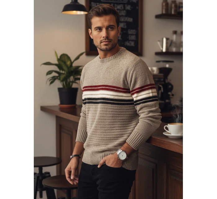 Pánský pruhovaný svetr světle hnědý FashionStreet WX2282 Pánský pruhovaný svetr světle hnědý FashionStreet WX2282