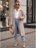 Dlouhý dámský dvouřadý kabát s páskem, béžový, FashionStreet NY0805 Dlouhý dámský dvouřadý kabát s páskem, béžový, FashionStreet NY0805