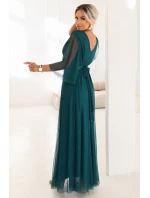 Dlouhé lesklé plus size šaty s výstřihem a rukávy lahvově zelené model 21808977 - numoco basic