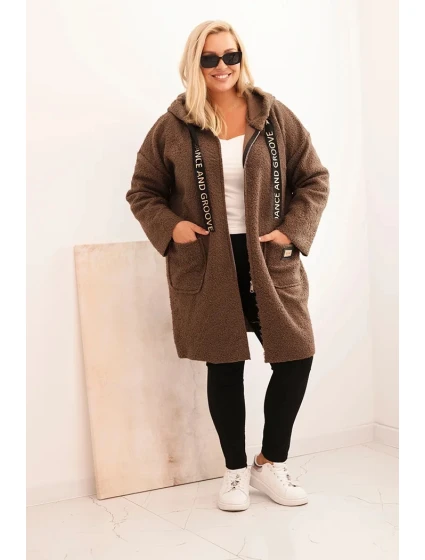 Dámský kabát Plus Size z  s kapucí a kapsami hnědý model 22324359 - K-Fashion