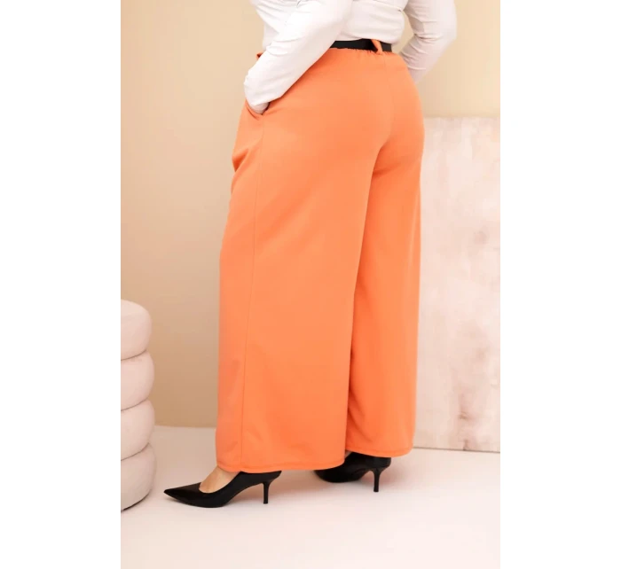 Dámské kalhoty Plus Size viskózové s širokou nohavicí a pásem meruňkové