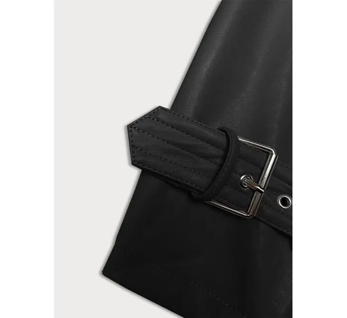 Volný černý dámský kabát z ekologické kůže J Style (11Z8101)